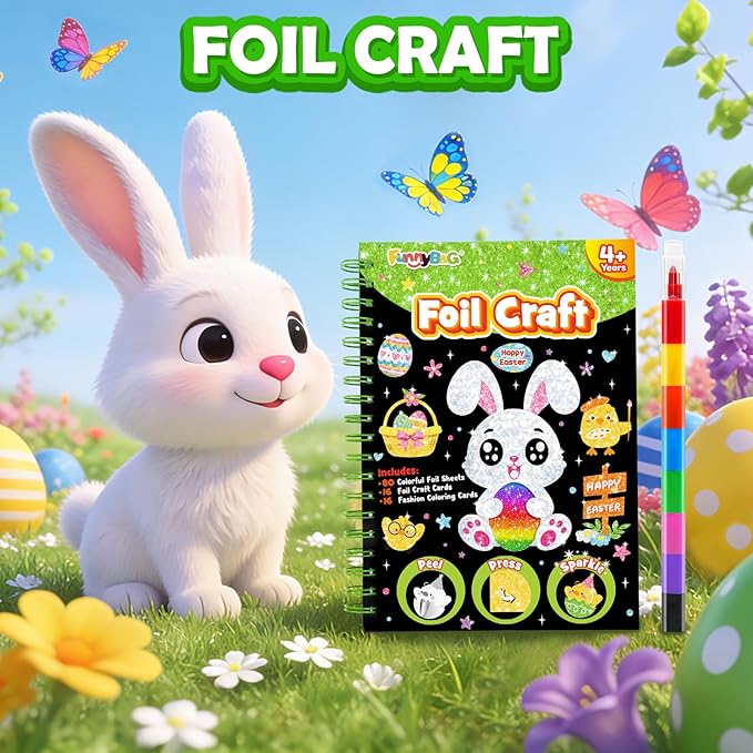 FUNNYB&G Foil Art Crafts for Kids Ages 4-8: Easter Basket Stuffers Essentials for Kids 2026, Easter Gifts for Kids, Crafts Supplies,Party Favors,Creative Toys for Kids 4 5 6 7 8 Years Old(Easter)