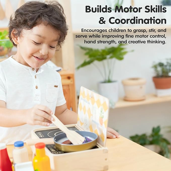 PlanToys® Pretend Play Wooden Cooking Utensils Set | Kitchen Toy for Imaginative Cooking | Encourages Creativity, Practical Life Skills & Montessori-Inspired Play