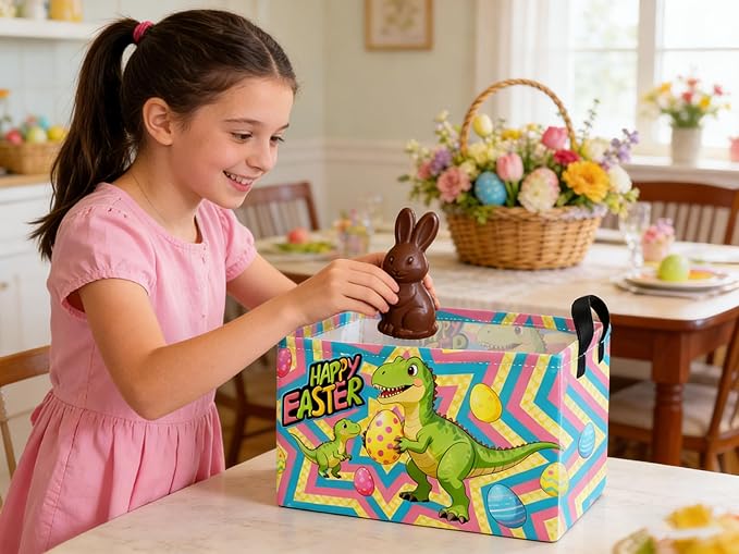 Essme Rectangular Easter Dinosaur Baskets,Kids Storage Basket with Handles for Boys Room Decor, Boys Box,Cute Storage Bin（Easter dinosaur）