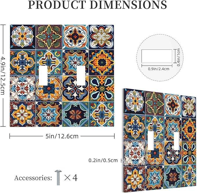 Mexican Talavera Tiles Floral Decorative Switch Plates 2 Gang Double Toggle Outlet Light Switch Cover Wall Plate Electrical Faceplate for Bathroom Kitchen Decor