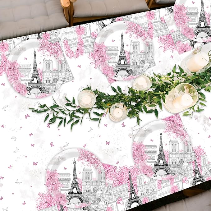 ZOIIWA Paris Themed Party Decorations Eiffel Tower Birthday Paper Plates and Napkins Tableware Set Pink Disposable Tablecloth for Baby Shower Decor Paris Party Supplies