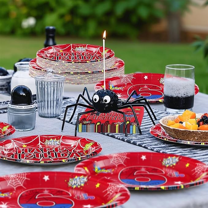 Grencian 96Pcs Cartoon Spider 6th Birthday Party Decorations Red Blue Spider Birthday Party Plates and Napkins Disposable Super Theme Tableware Set for 6 Year Old Boys Party Decorations Serves 24