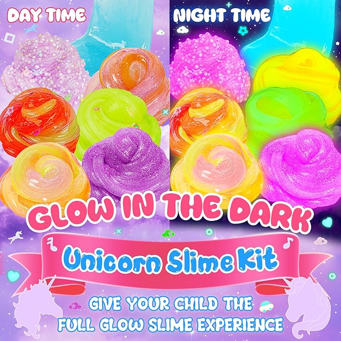 Unicorn Magic Glow-in-The-Dark Slime Kit 9 Pack with Glow Charms - DIY Slime Set Sensory Toys, Rainbow Slimes Party Favors for Girls & Boys Gift