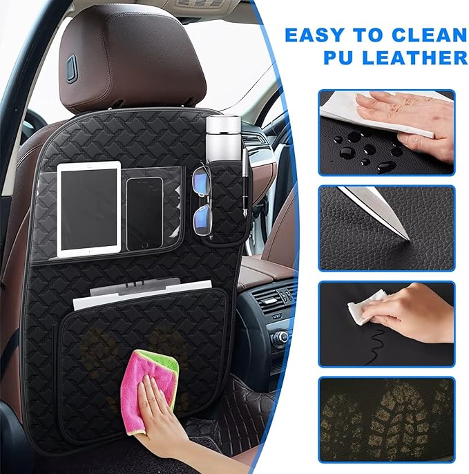 Back Seat Protector 2 Pack Fit For Jeep Grand Cherokee Car Kick Mats with Touch Screen Tablet Holder Storage Organizer Waterproof Dirt Proof Faux Leather Auto Accessories for Kids (Black)