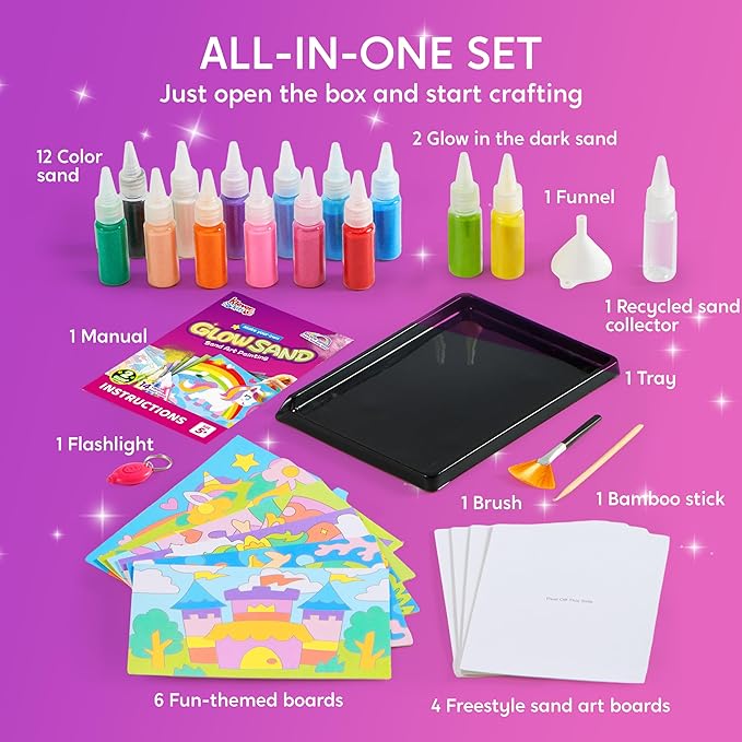 JOVA Klever Kits Glow Sand Art Kits for Kids, Glow in The Dark Sand Painting with 14 Colors, Kids Crafts, 6 Fantasy Templates & 4 DIY Sheets, Mess Free Arts and Crafts, Gifts for Girls Ages 5+