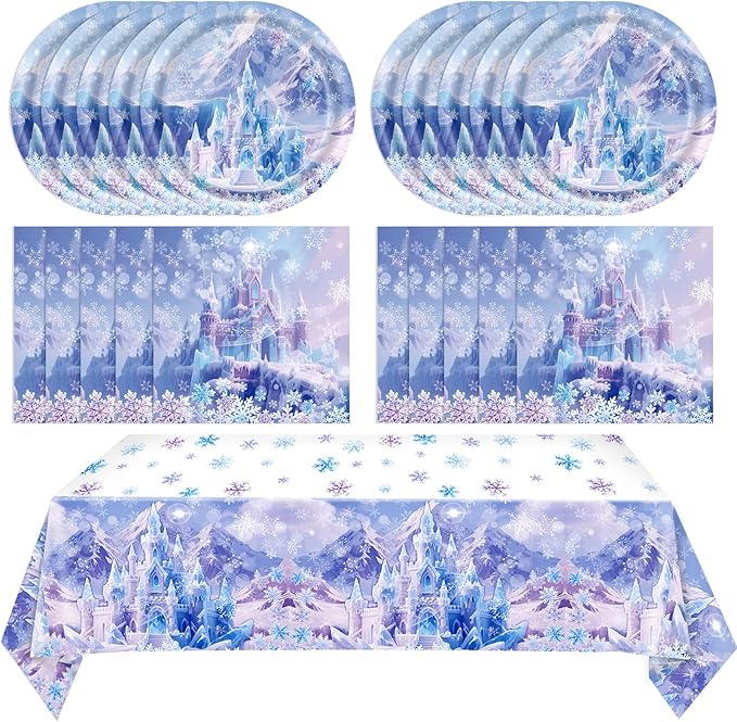 41Pcs Winter Wonderland Decorations Snowflake Castle Party Supplies Blue Purple Snowflake Plates Napkins Tablecloth, for Winter Birthday, Baby Shower, Princess Party Decor, Classroom Celebration