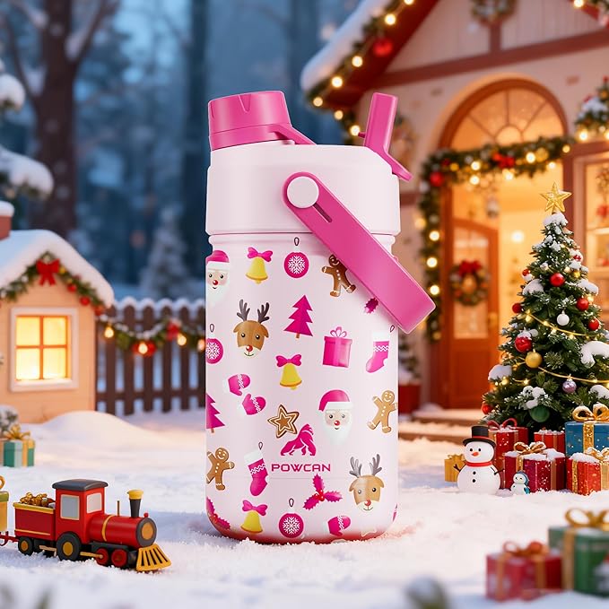 12 oz Christmas Kids Insulated Water Bottle: 2-in-1 Straw Spout Lid, Leakproof, BPA-Free, Stainless Steel Cup with Carrier Bag for School, Trip, Holiday Gift for Girls Daughters (Santa's Sweet Squad)