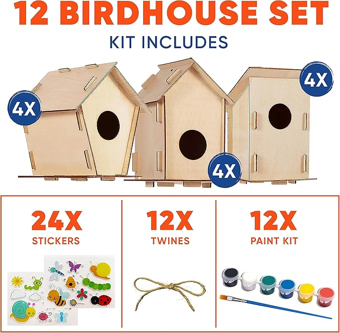 12 DIY Bird House Kits For Children to Build - Wood Birdhouse for Kids to Paint - Unfinished Bird Houses - Spring Crafts Kits - Wooden Arts & Craft for Girls & Boys - Classroom & Spring Activity