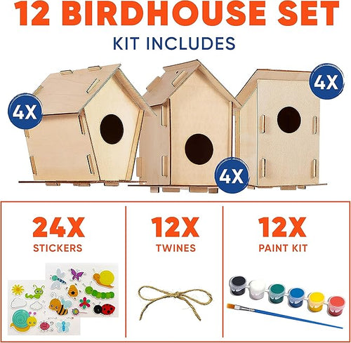 12 DIY Bird House Kits For Children to Build - Wood Birdhouse for Kids to Paint - Unfinished Bird Houses - Spring Crafts Kits - Wooden Arts & Craft for Girls & Boys - Classroom & Spring Activity