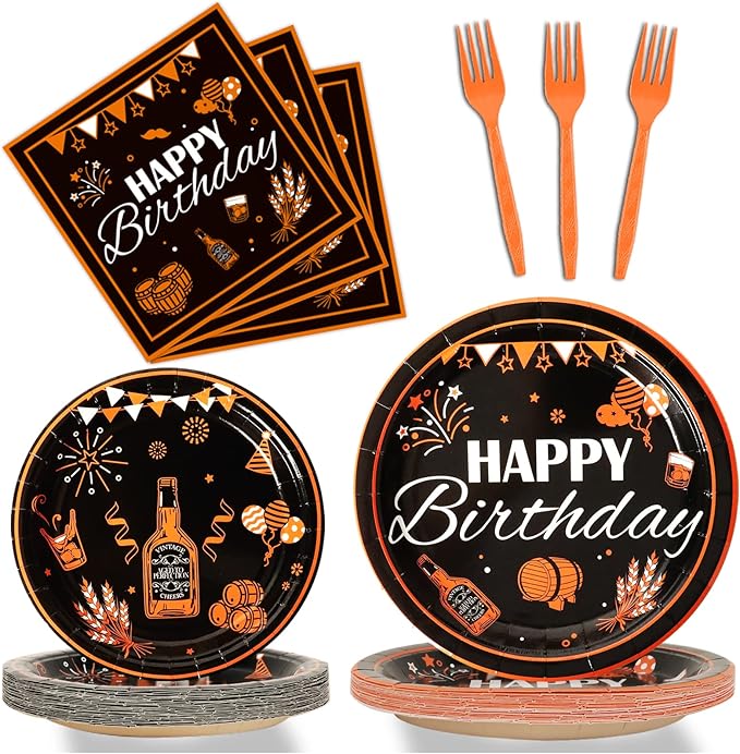 96 Pcs Black & Gold Cheer Theme Birthday Plates & Napkins - Party Supplies for 24 Guests