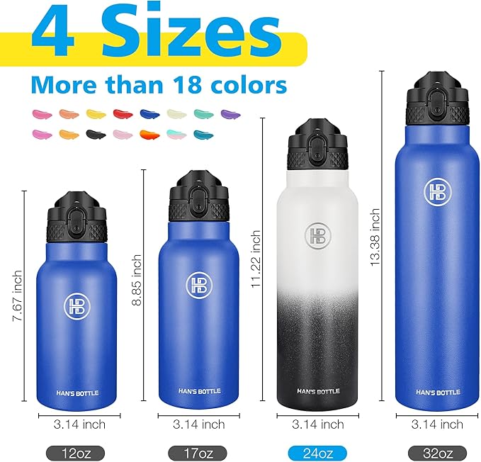 Han's Bottle Sports Water Bottle - 24 Oz, Straw Lid, Leak Proof, Vacuum Insulated Stainless Steel, Double Walled, Thermo Mug,White & Black