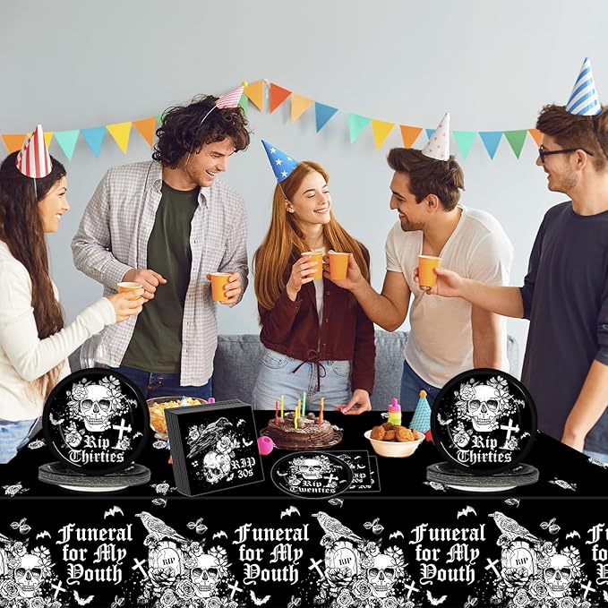 Rip 30s Birthday Party Supplies Serves 24 Death To My 30s Party Decorations Paper Plates Napkins Disposable Black 40th Birthday Tablecloth Set Tableware Kit for My Youth Funeral Party