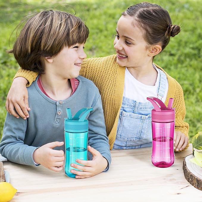 Kids Clear Water Bottle 14oz Flip with Straw Carry Handle, Leakproof, Reusable, Tritan, BPA Free, Suitable for Boys and Girls, Rose