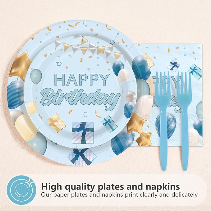 96 Pcs Light Blue Birthday Decorations Happy Birthday Plates and Napkins Disposable Tableware Set Blue Gold Decorations for Baby Boys Girls Women Men Party Supplies Serves 24