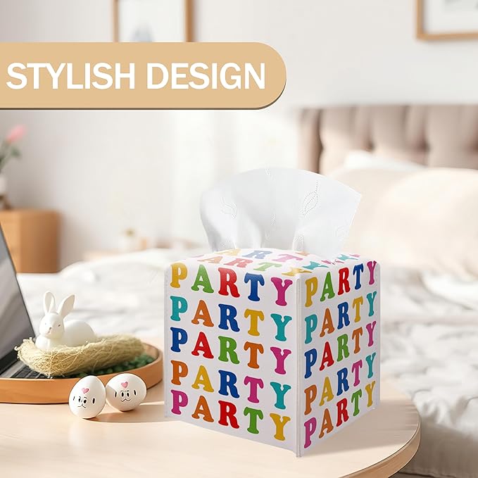 Colorful Party Tissue Box Cover – PU Leather Square Party Decor with Belt Bottom, Ideal Table Centerpiece & Party Favor for Birthday, Bridal Shower & Celebrations Decorations