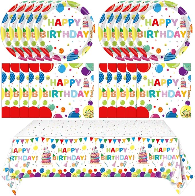 41Pcs Happy Birthday Decorations Colorful Birthday Party Supplies Set Rainbow Color Balloons Design Happy Birthday Paper Plates Napkins Tablecloth丨Birthday Decorations for Boys Girls Kids,Serve 20