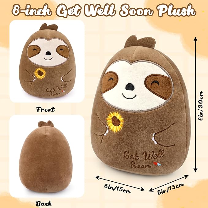 Get Well Gifts Sloth Stuffed Animal, 8 Inch Sloth Plush Get Well Soon Gifts for Women Kids, Cute Plushie Huggable Plush Pillow Feel Better Broken Arm Gift
