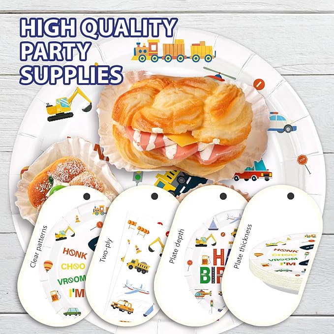 96Pcs 2nd Birthday Cars Party Supplies Transportation Theme Birthday Plates and Napkins Car Train Plane Sailboat Tableware Set for 2 Years Old Boy Vehicle Traffic Party Decorations Serves 24