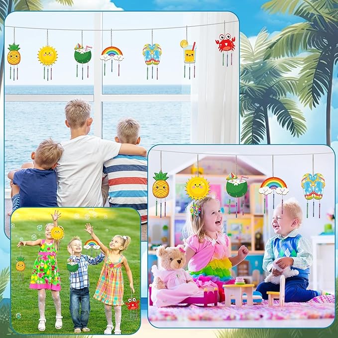 gisgfim 16 Pack Beach Wind Chime Crafts Kits for Kids Make Your Own Luau Hawaii Beach Fruit Wind Chime Wooden DIY Arts and Crafts for Summer Party School Classroom Decoration Supplies Birthday Favors