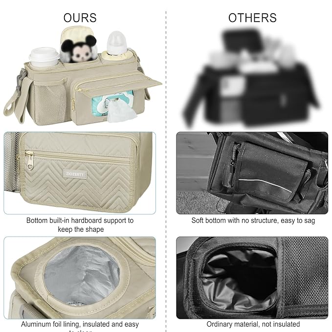 Universal Stroller Organizer with Insulated Cup Holders,Large Capacity Non-Slip Stroller Caddy Bag Fits for Uppababy/Doona/Jogger/Britax/Mompush/BoB with Anti-Sag Hard Bottom and Wet Wipes Pocket