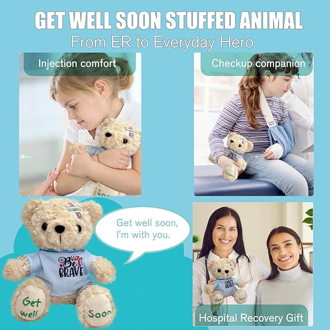 Get Well Soon Bear 2-Pack, 8" Plush Stuffed Animals with Broken Arm & Leg Cast, Cute Surgery Recovery Gifts for Kids, Boys, Girls, Toddlers - "Be Brave" Outfit & "Get Well Soon" Embroidery, Gift Ready