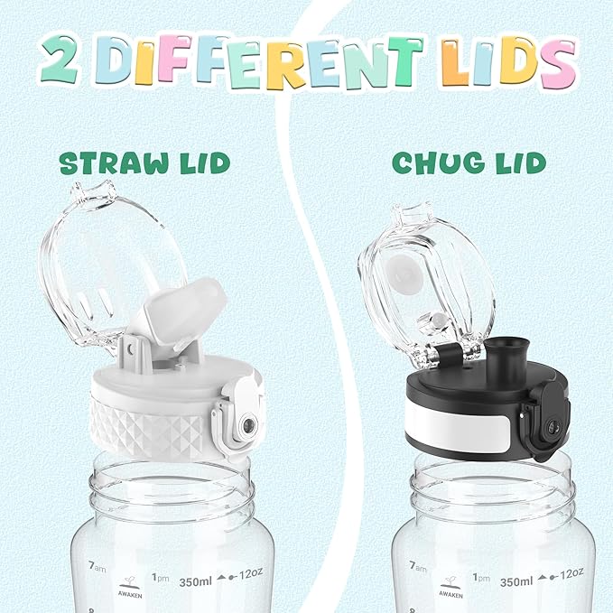 OLDLEY Kids Water Bottle for School, 12 oz (2 lids) BPA-Free Reusable Leak-proof Durable Tritan Plastic Water Bottles with Straw & Chug Lids, Anti-dust Spout Cover (Clear)