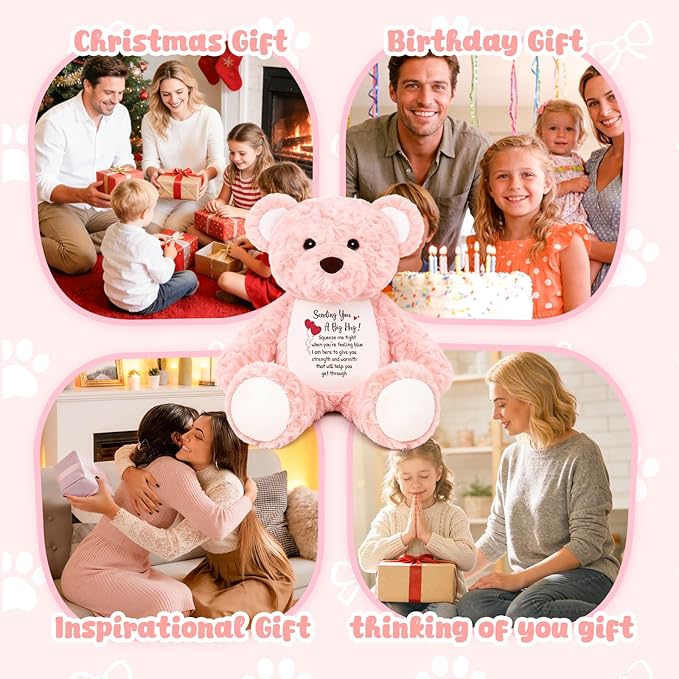 Soft Teddy Bear Plush Toy, A Big Hug Get Well Soon Sympathy Bear for Kids, Grief Sympathy Gifts for Women, Kids, Adults, Thinking of You Condolences Memorial Loved Present 15" (Pink Curly)