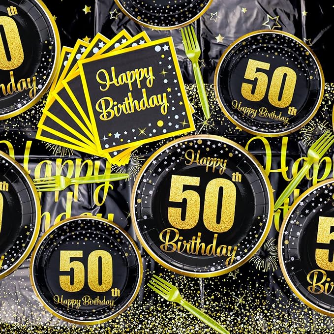 50th Birthday Decorations for Women and Men - 81 Pcs Plates Napkins 50th Tablecloth Forks Set Black and Gold Party Decorations Serve 20