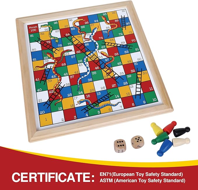 Gothink Wooden Snakes and Ladders Game - 13 Inch Educational Board Game for Children Ages 3 and Up & Adults - Classic Board Game Includes 6 Counters & 2 Dice, Rules