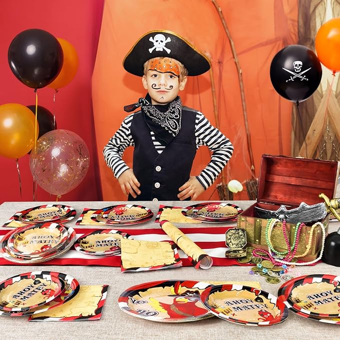WERNNSAI Pirate Party Plates and Napkins - Pirate Birthday Party Supplies Bundles for Boys Kids Disposable Luncheon Dinner Dessert Cake Plates Napkins Tableware Set Serves 16 Guests 48 Pieces