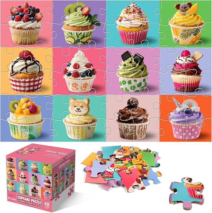 Jumbo Floor Puzzle for Kids,48 Piece Cupcake Jigsaw Puzzles,Learning Educational Toys for Toddlers Ages 3-5,Children Easter Gift for Boy Girl Ages 4-8