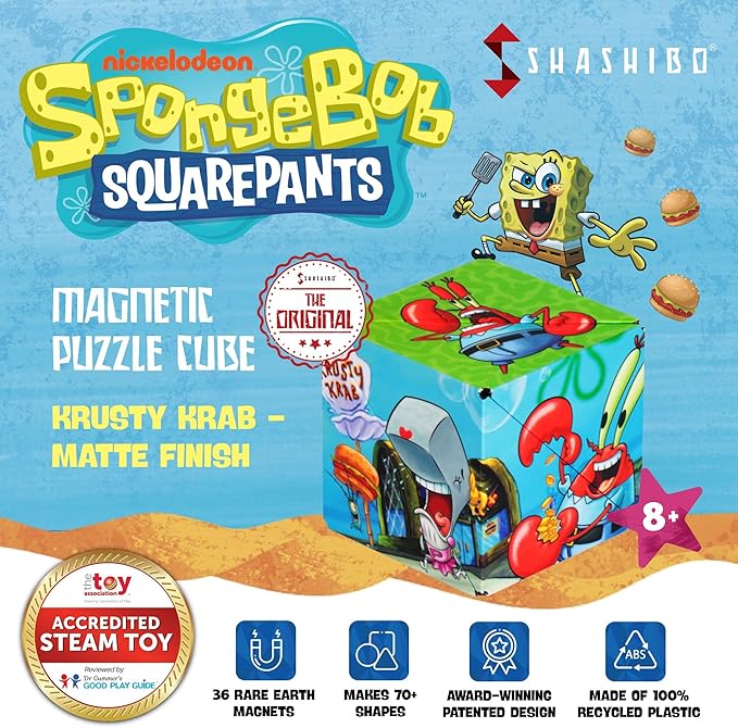 SHASHIBO Spongebob Squarepants Shape Shifting Box - STEM Magnetic Fidget Cube that Transforms Into Over 100 Shapes, Download Fun in Motion Toys Mobile App (Krusty Krab)