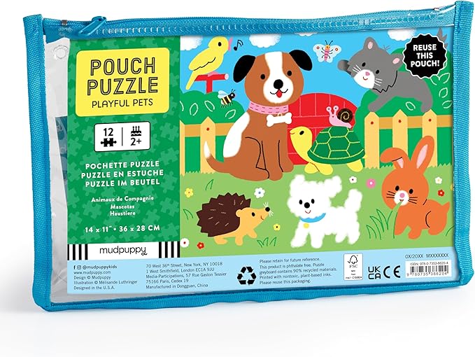 Mudpuppy Playful Pets – 12 Piece Puzzle with Reusable Zipper Pouch Featuring Colorful and Fun Illustrations of Pets Perfect for Easy Storage and Travel