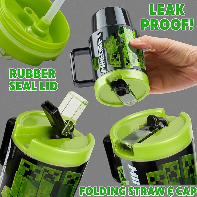 Get Trend Minecraft Kids Water Bottle with Straw 16.9 oz BPA Free Plastic Leakproof Cup with Lid Handle Reusable Drinking Tumbler Gifts for Kids (Green Minecraft)