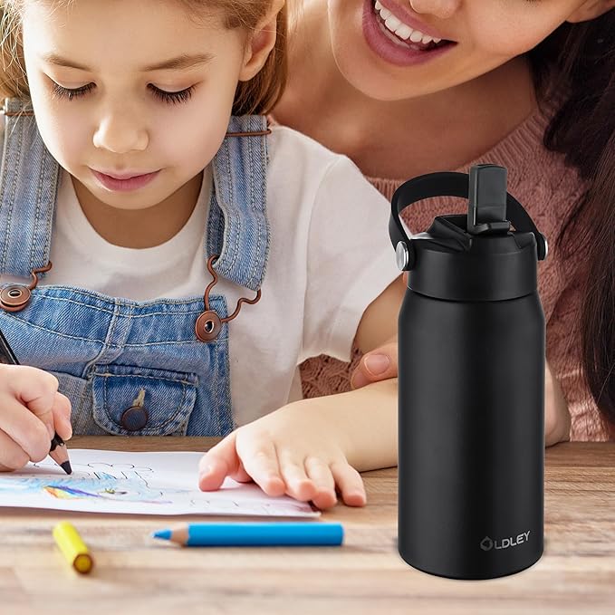 OLDLEY kids Water Bottle - 18oz Insulated Stainless Steel - Wide Straw Lid, Non Spill, Leakproof, Kids Water Bottle for School,Black