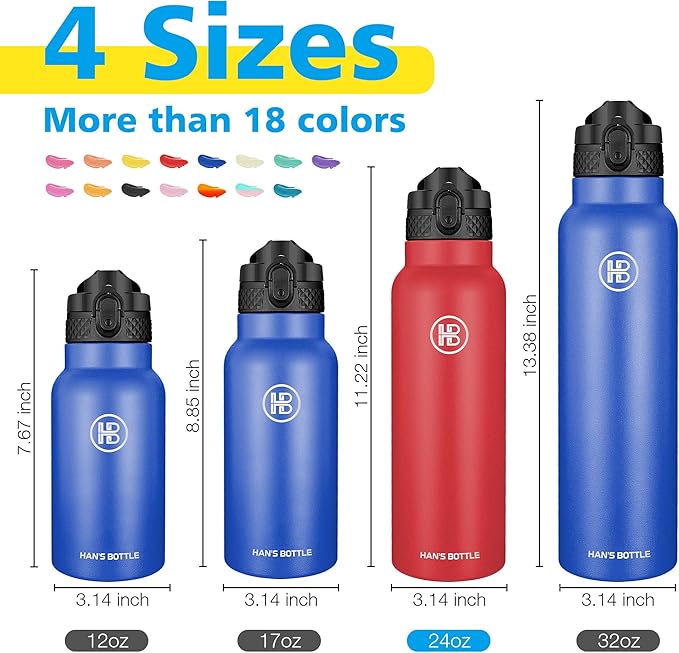 Han's Bottle Sports Water Bottle - 24 Oz, Straw Lid, Leak Proof, Vacuum Insulated Stainless Steel, Double Walled, Thermo Mug,Red