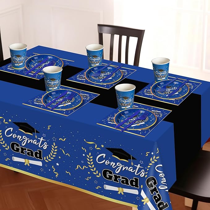Graduation Decorations Class of 2026 Graduation Party Decorations,147 PCS Disposable Congrats Grad Tableware,Blue and Black Tablecloth Knives Fork Plates Napkin Cups for School,College,Party,Serve 24