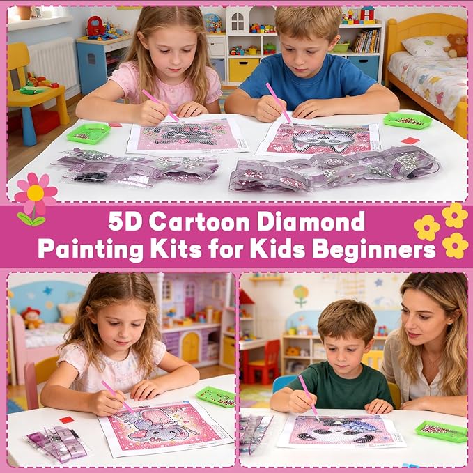 GIFOHAPY 4 Pack Diamond Art Kits for Kids, 5D Cute Animal Diamond Painting Kit for Beginners, Gem Art Crafts By Number for Boys Girls Ages 6-8-12-14,Home Wall Decor Gift 6X6“ (XY312+283+308+211)