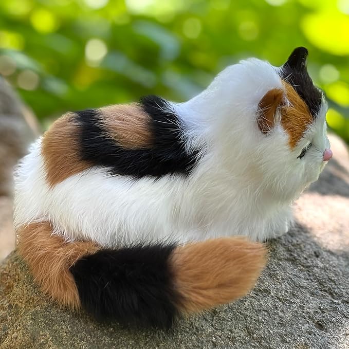 Realistic Baby Calico Cat Figurine - Lifelike Furry Kitten Statue, Plush Kitty Stuffed Animal Toy, Home Office Car Decor, Collectible Gift, Photo Prop