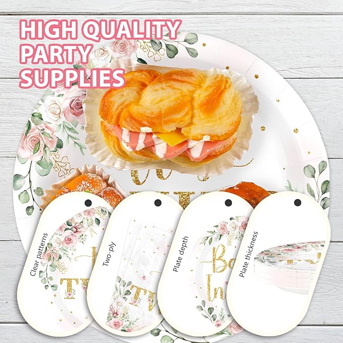 96Pcs Twins Baby Shower Party Decorations Wildflower Baby in Bloom Paper Plates and Napkins Pink Gold Floral It's Twins Disposable Tableware Set for Boys Girls Birthday Party Supplies, Serves 24