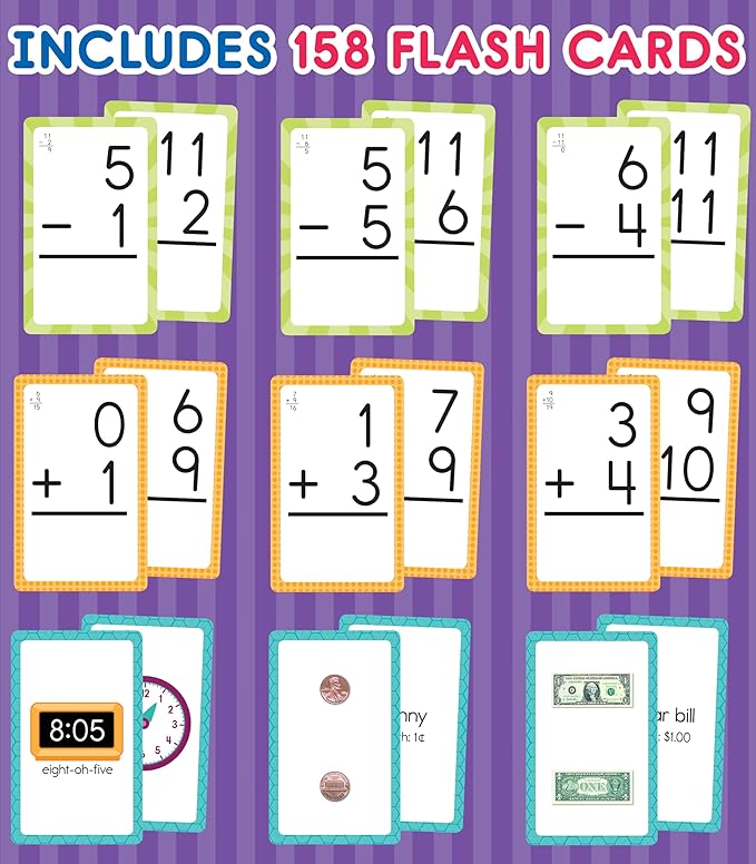 Carson Dellosa Education Time and Money, Addition and Subtraction Flash Cards, 3 Sets of Mathematics Flashcards, Kindergarten Learning Activities and Math Games for Kids 5-7