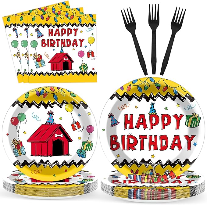 96 Pcs Red House Birthday Party Plates and Napkins Cartoon Dog Red House Decor Puppy Dog Theme Dessert Cake Plates Tableware Set for Kids Cartoon Birthday Baby Shower Party Favors Serve 24 Guests