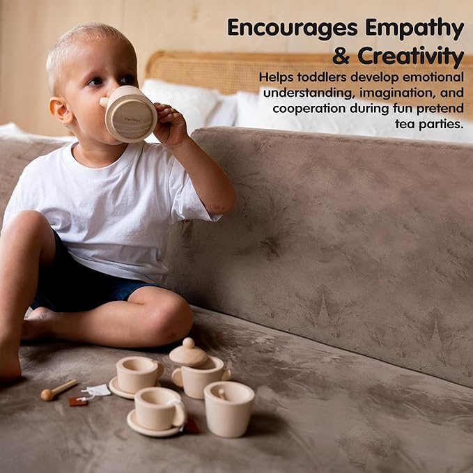 PlanToys® Wooden Tea Set for Montessori Inspired Pretend Play | Social Interaction, Language and Imaginative Role Play | Eco Friendly Wooden Tea Party Set for Creative Learning