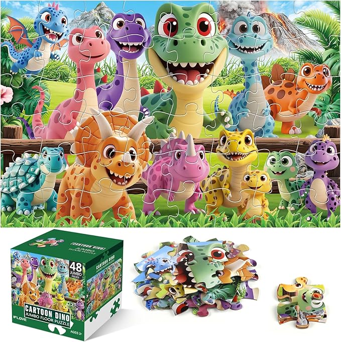 Jumbo Floor Puzzle for Kids Ages 4-6,48 Piece Cartoon Dinosaur Large Jigsaw Puzzles,Learning Toys for Toddlers Ages 3-5,Children Homeschool Educational Easter Gift for Boy Girl Ages 4-8