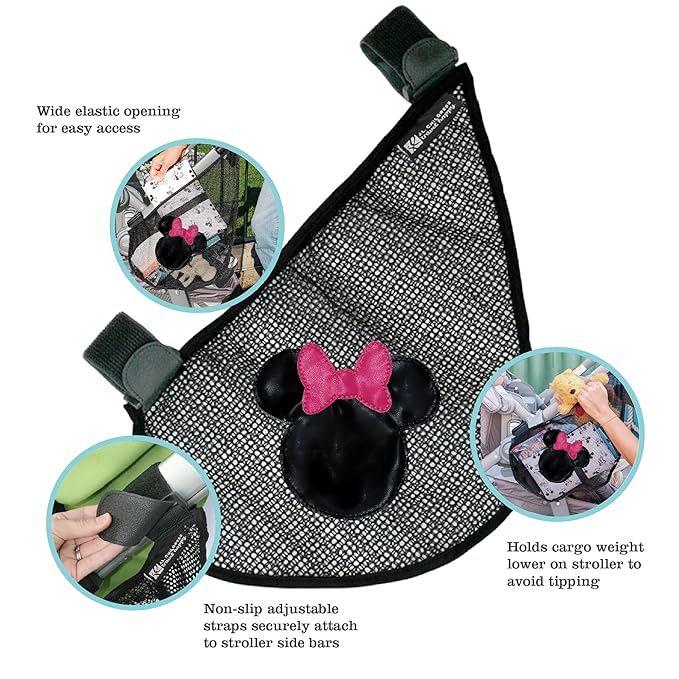 J.L. Childress Disney Baby Side Sling Stroller Cargo Net - Stroller Organizer Attachment for Storage, Mesh Bag for Baby Accessories, Universal Fit - Minnie Mouse