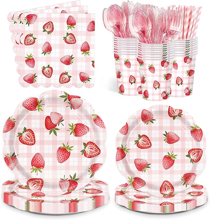 192pcs Strawberry Birthday Party Decorations Plates Napkins Disposable Paper Cups Straws Strawberry Tableware Set Party Supplies for Girls Kids Birthday Decor Serve 24 Guests