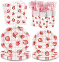 192pcs Strawberry Birthday Party Decorations Plates Napkins Disposable Paper Cups Straws Strawberry Tableware Set Party Supplies for Girls Kids Birthday Decor Serve 24 Guests