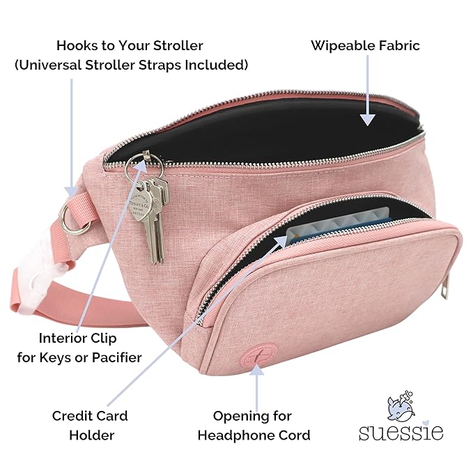 Suessie Fanny Pack Diaper Bag - with Baby Changing Pad & Waterproof Wipes Pocket - Stroller Organizer