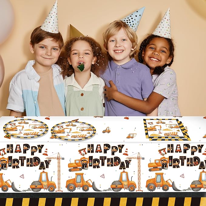 Construction Birthday Party Supplies Construction Excavator Tractor Dump Digger Theme Tableware Include Paper Plates Napkins Tablecloth, for Toddler, Kids, Boys Birthday Party Decorations, Serves 20