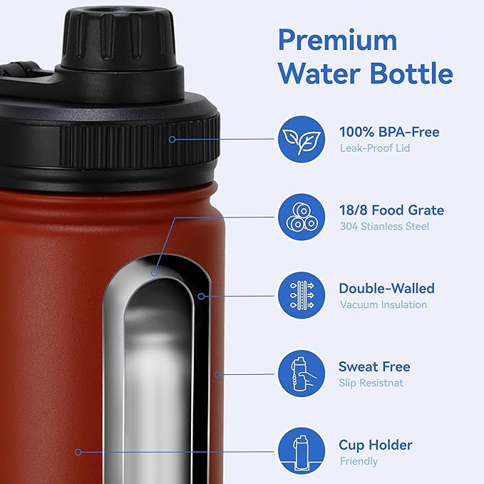 DOMICARE 16 oz Kids Water Bottle for School Stainless Steel Double Wall Vacuum Insulated Water Bottle with Straw lids & Spout Lid, Leakproof BPA Free (Red,4)